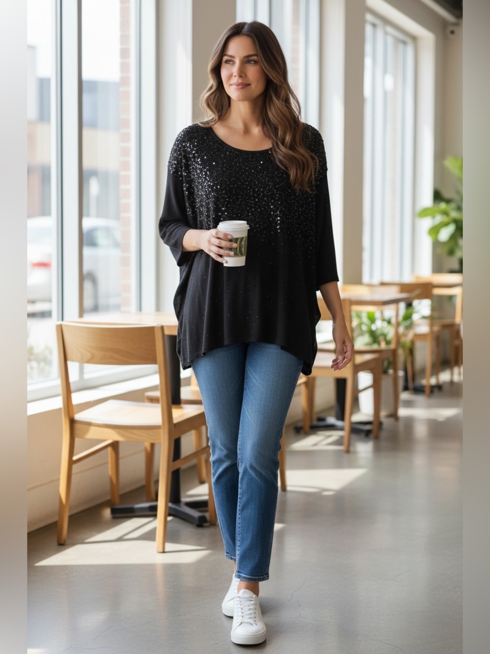 Quacker factory Black Sequin Scoop-Neck Women’s Top